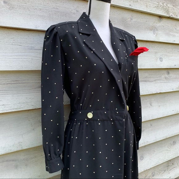 Vintage 80s Polka Dot Print Button Front Long Sleeve Collared Midi Wrap Dress - Picture 4 of 16